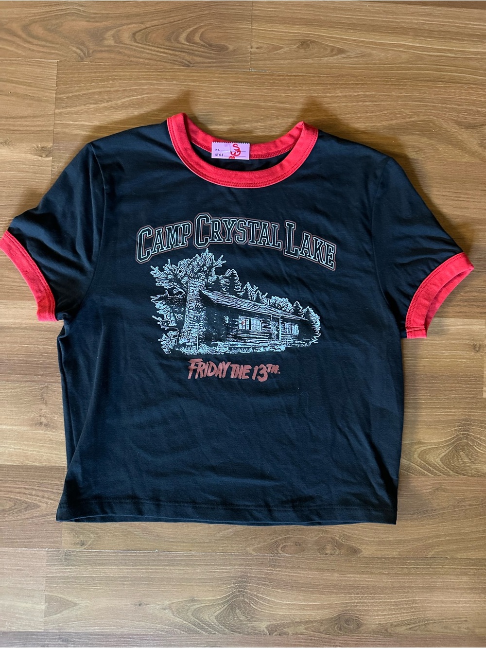 Friday The 13th Black Ringer Crop Top with Red Trim & Camp Crystal Lake Graphic